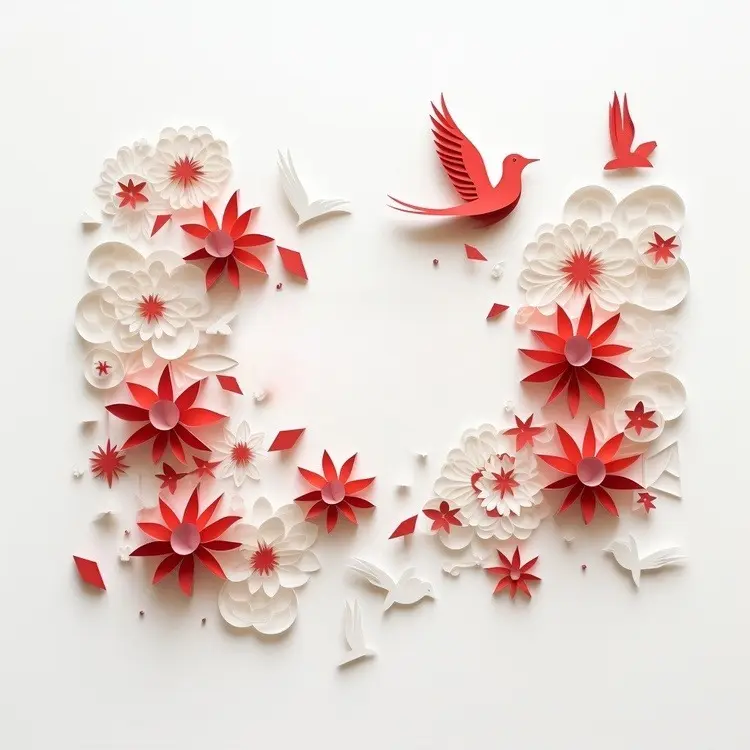 Paper Art with Red Flowers and Birds