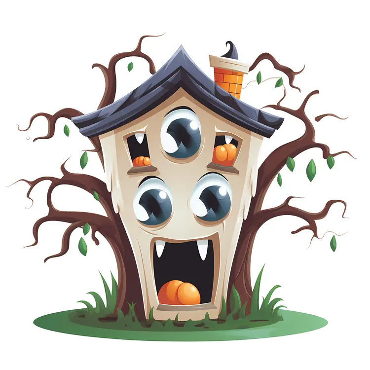 Spooky Haunted House with Pumpkins for Halloween