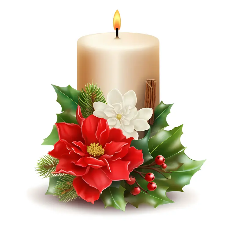 White Candle with Poinsettia and Holly Leaves