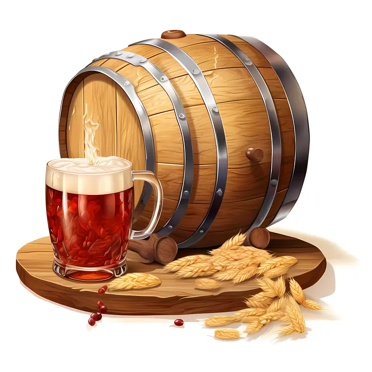 Wooden Beer Barrel with Mug and Wheat