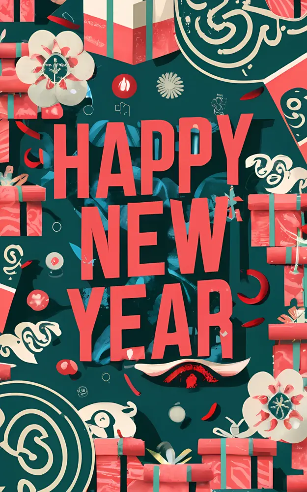 Festive Happy New Year Greeting with Decorations