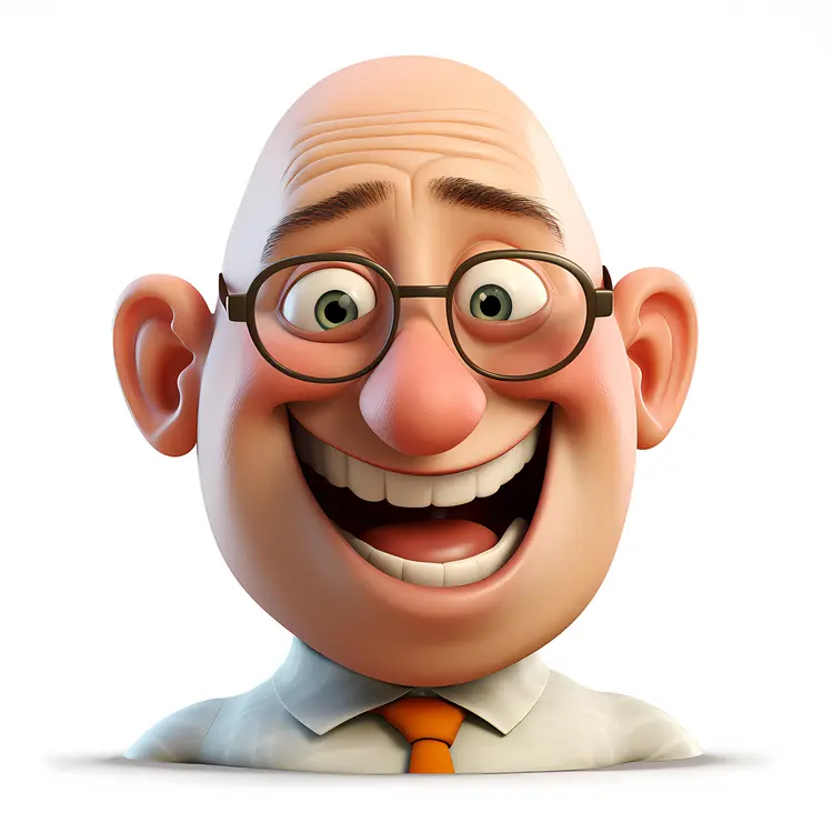 3D Cartoon Bald Man with Glasses Smiling