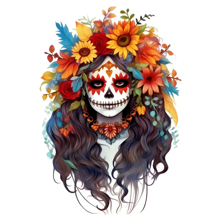 Beautiful Sugar Skull with Floral Crown for Day of the Dead Celebration