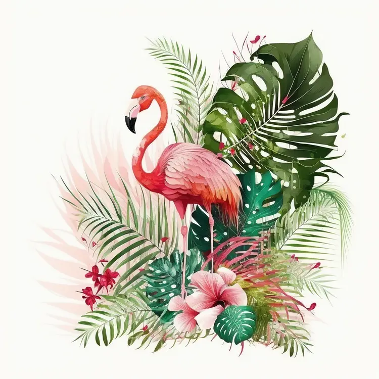 Beautiful Flamingo with Tropical Leaves and Flowers