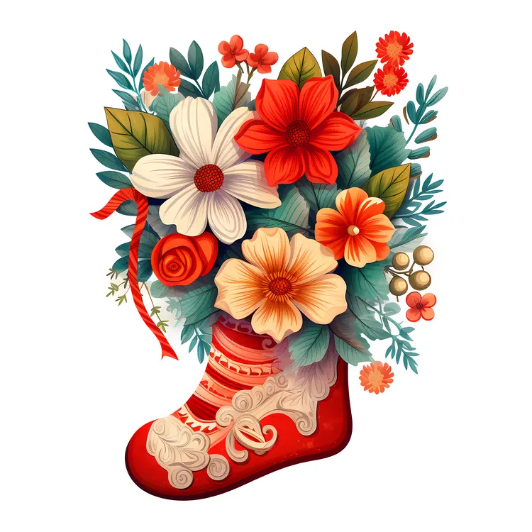Red Christmas Stocking with Flowers and Candy Canes