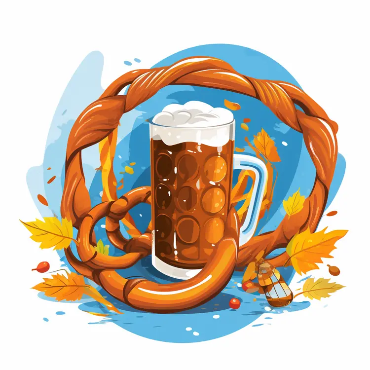 Beer Mug with Pretzel and Autumn Leaves for Oktoberfest