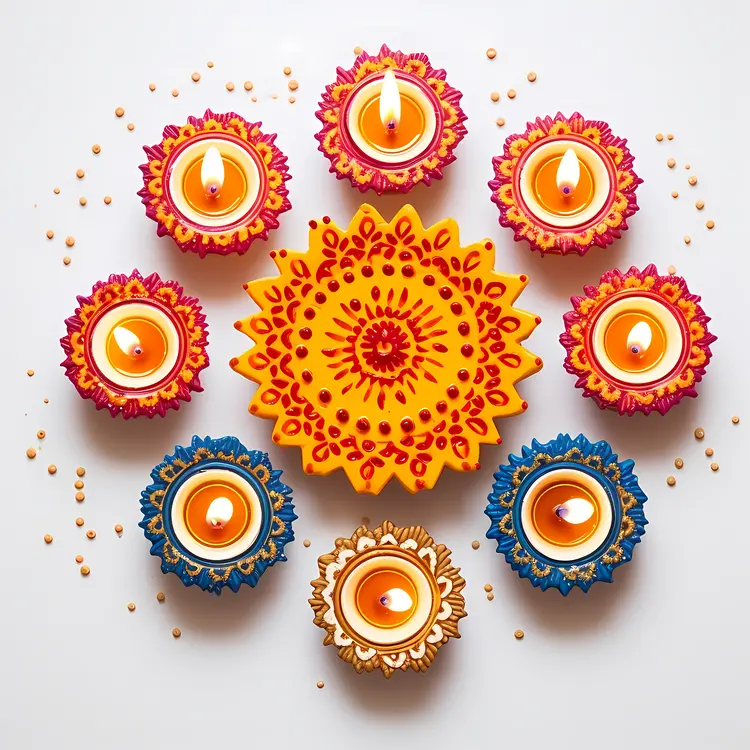 Colorful Diya Lamps with Mandala Design for Diwali