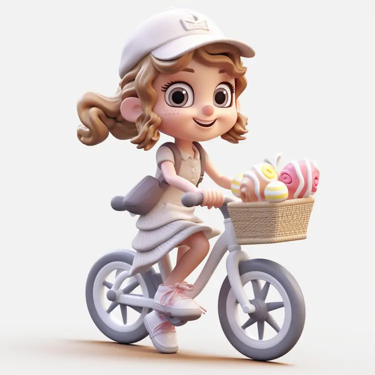 Cute Girl Riding Bicycle with Basket of Sweets