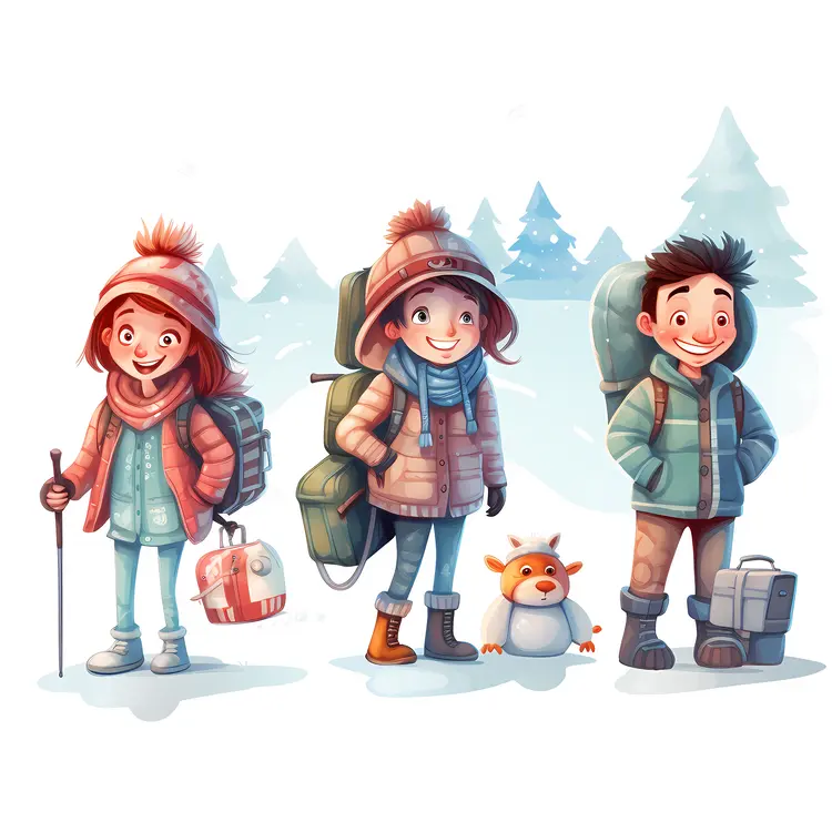 Group of Kids in Winter Clothes with Backpacks