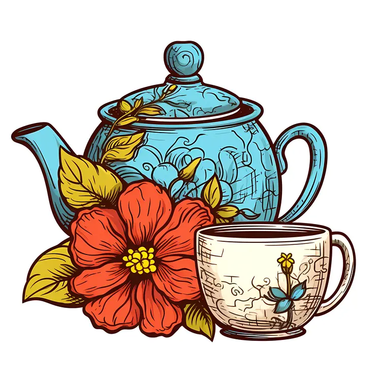 Beautiful Blue Teapot with Teacup and Flower Illustration