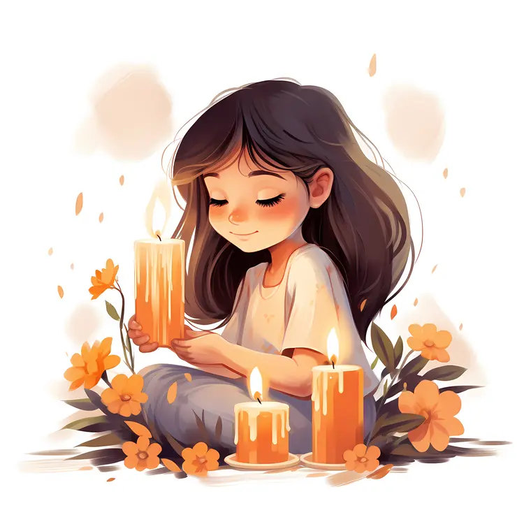 Cute Girl with Multiple Candles and Flowers