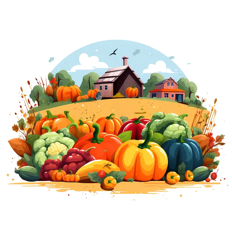 Autumn Farm Scene with Pumpkins and Vegetables