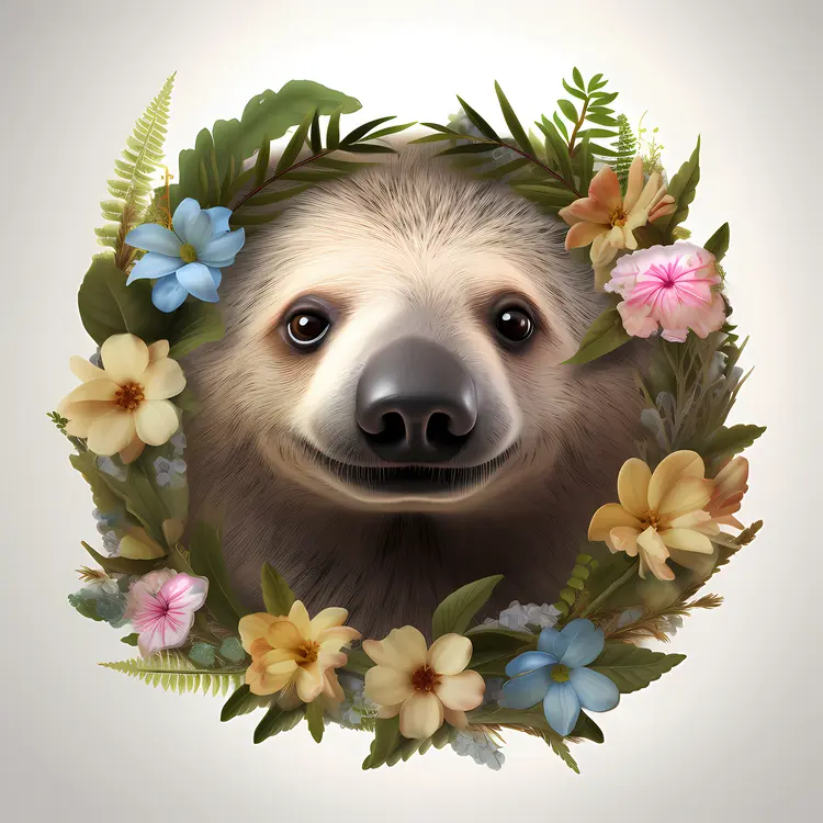 Cute Sloth with Floral Wreath
