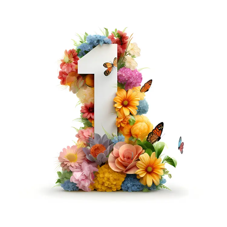 Number 1 with Colorful Flowers and Butterflies