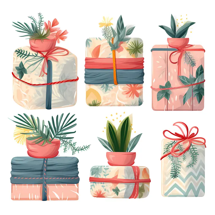 Decorative Gift Boxes with Plants and Ribbons
