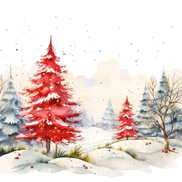 Red Christmas Tree in Snowy Landscape