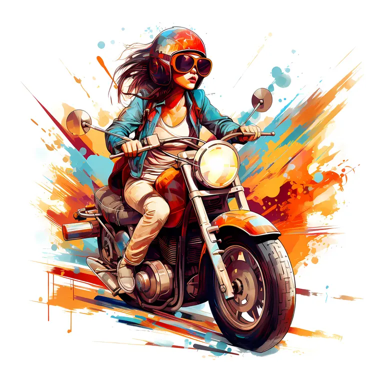 Woman Riding Motorcycle with Colorful Splashes