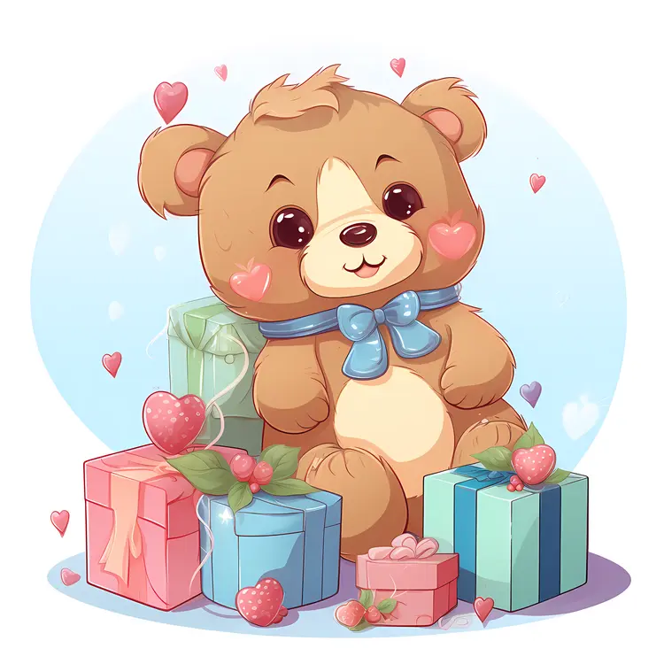 Cute Teddy Bear with Gifts and Hearts