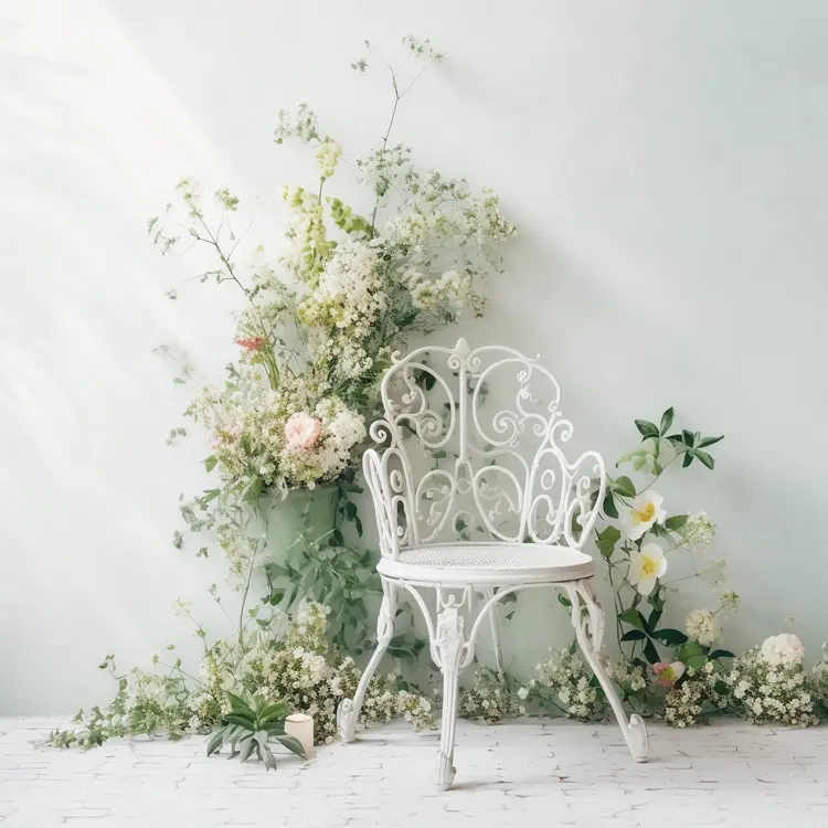 Elegant White Chair with Floral Background