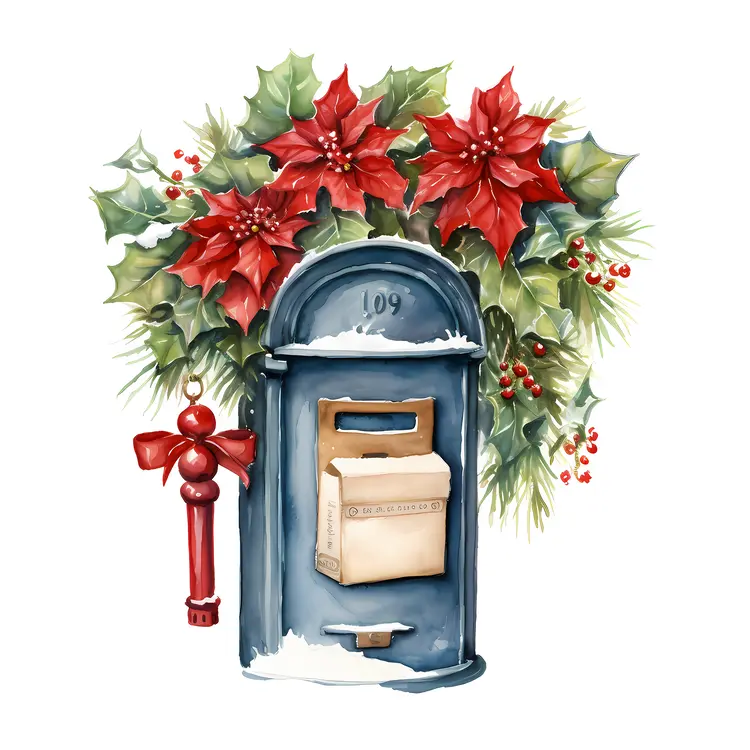 Christmas Mailbox with Holly and Poinsettias