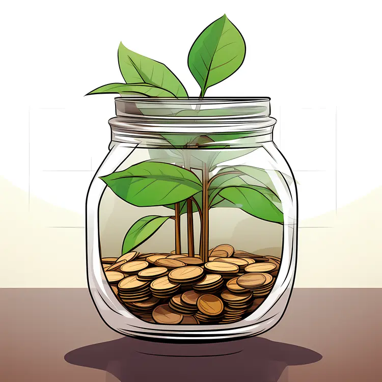 Jar of Coins with Growing Plant Symbolizing Investment