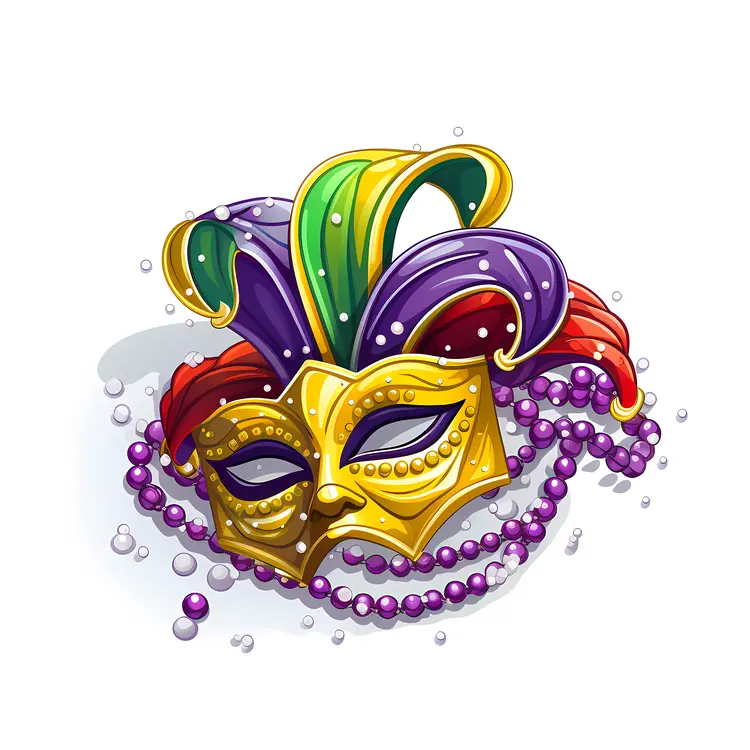 Golden Mask with Feathers and Beads for Mardi Gras