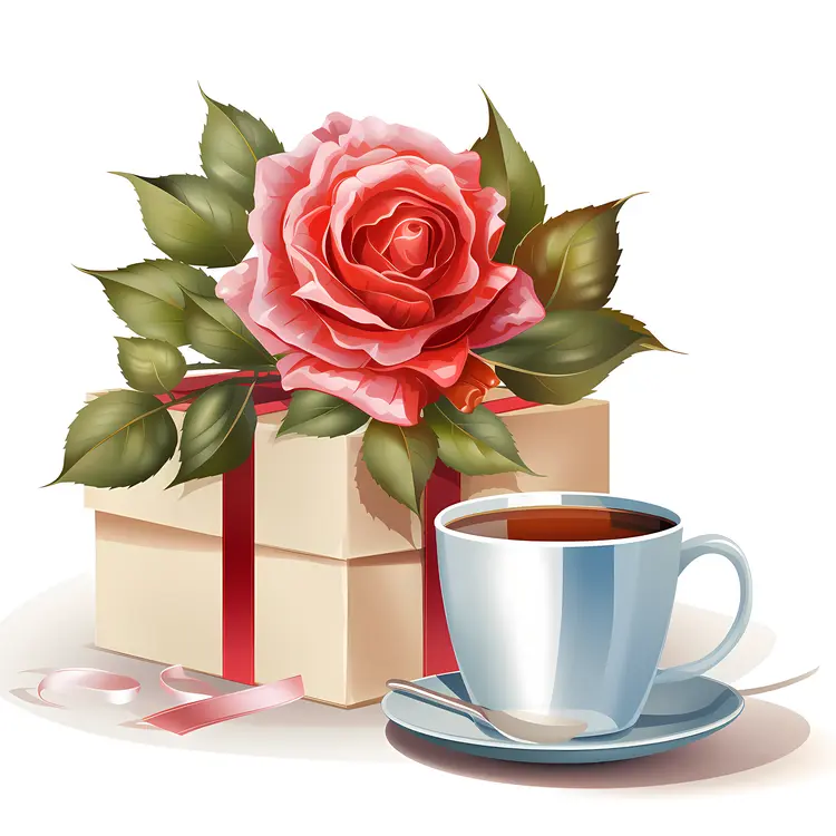 Pink Rose and Gift Box with Coffee Cup