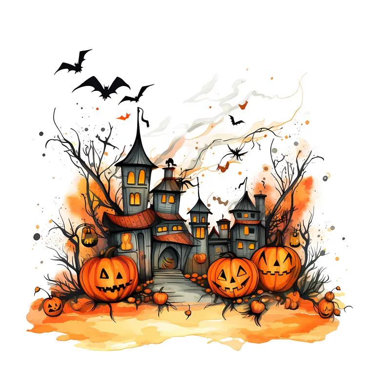 Spooky Haunted House with Pumpkins and Bats