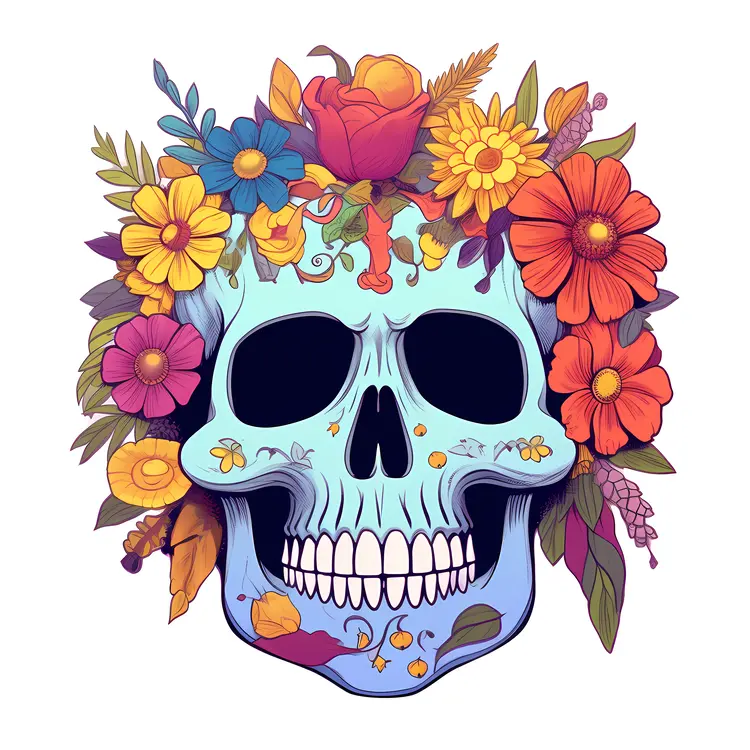 Colorful Skull with Flowers for Day of the Dead Celebration