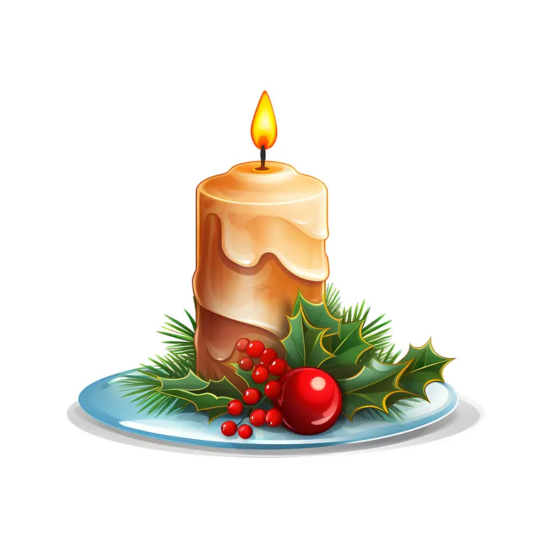 Christmas Candle with Holly and Berries