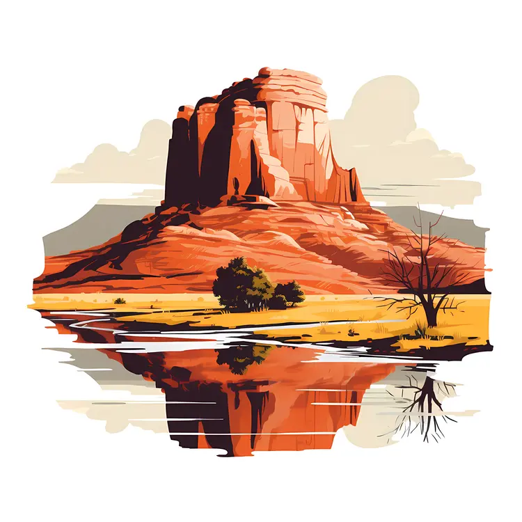 Desert Landscape with Rock Formation and Reflection