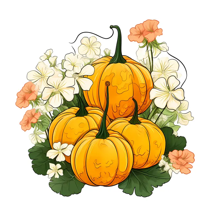 Beautiful Pumpkins with Flowers Illustration