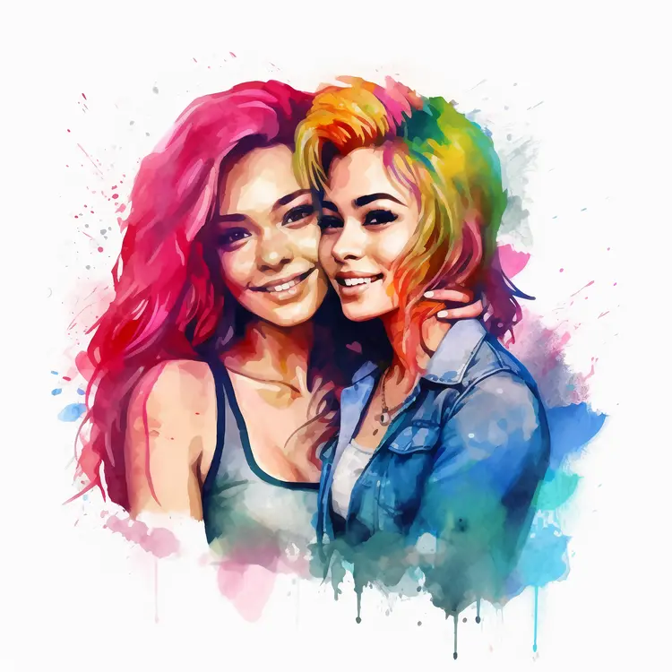 Colorful Portrait of Two Smiling Women in Watercolor Style