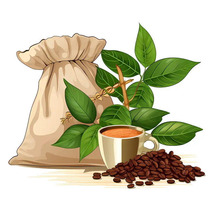 Coffee Beans and Sack with Coffee Plant and Cup