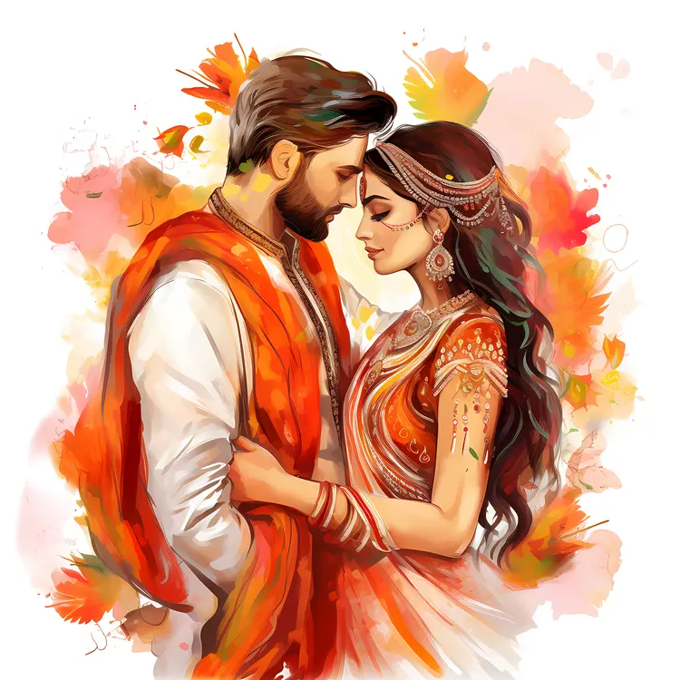 Romantic Couple Embracing in Traditional Attire