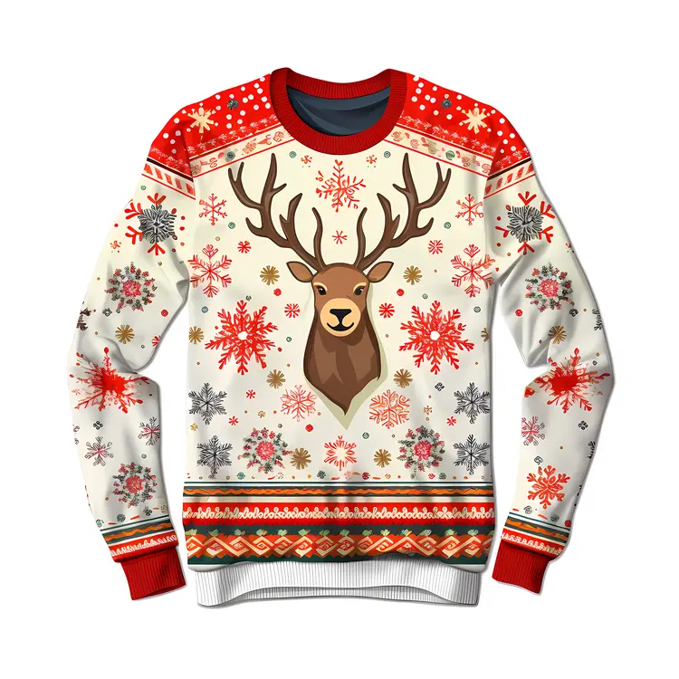Festive Christmas Sweater with Reindeer and Snowflakes Design