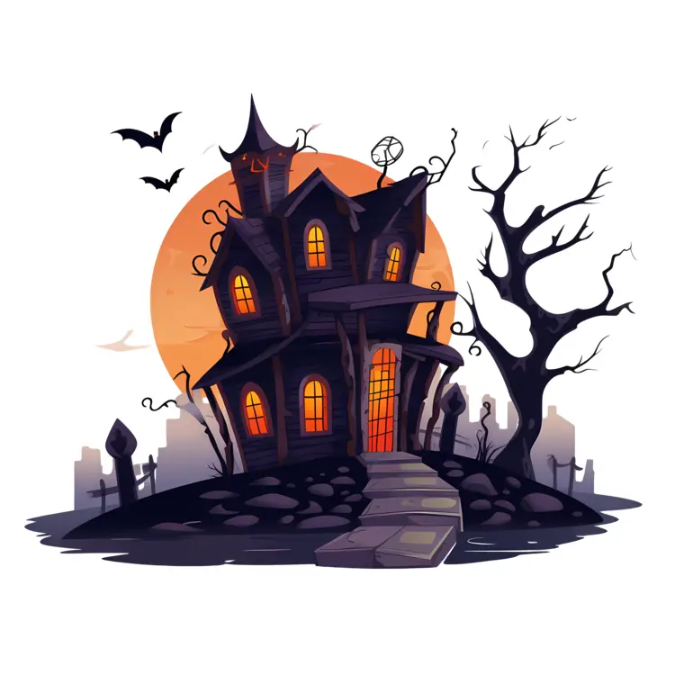 Haunted House with Bats and Orange Moon