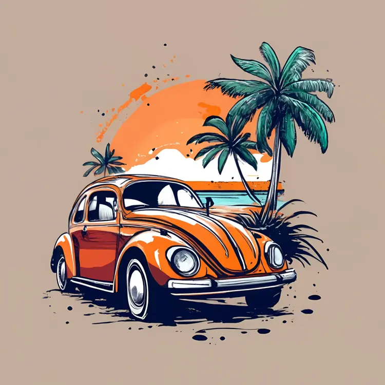 Orange Car with Palm Trees and Sunset