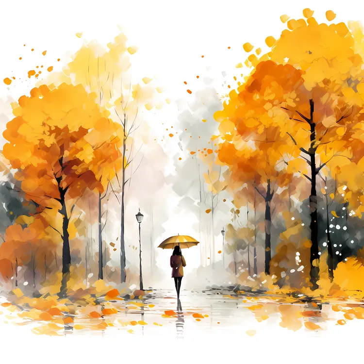 Person Walking with Umbrella in Autumn Forest