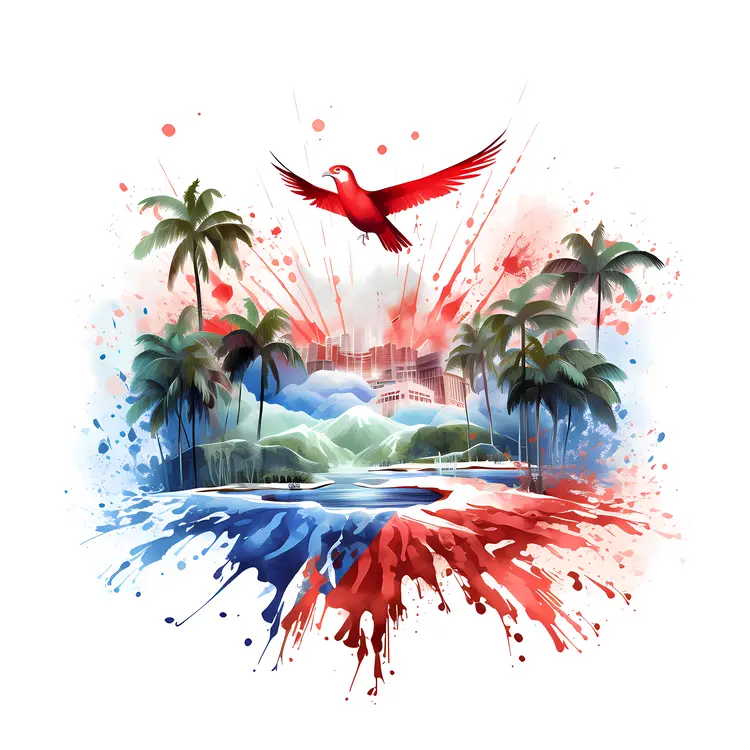 Tropical Island with Bird and Palm Trees