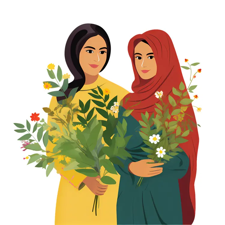 Women Holding Flowers in Traditional Clothing