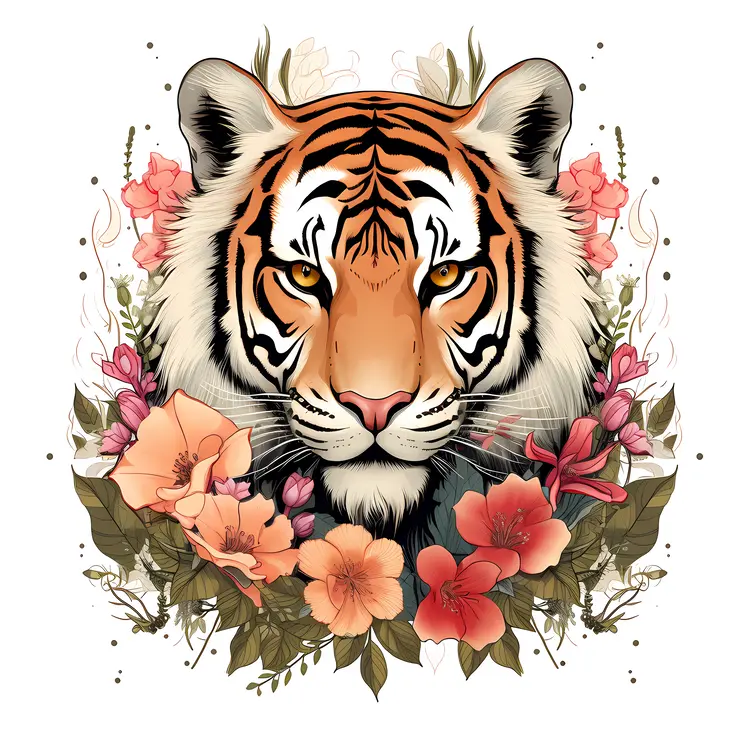 Majestic Tiger Head with Floral Background
