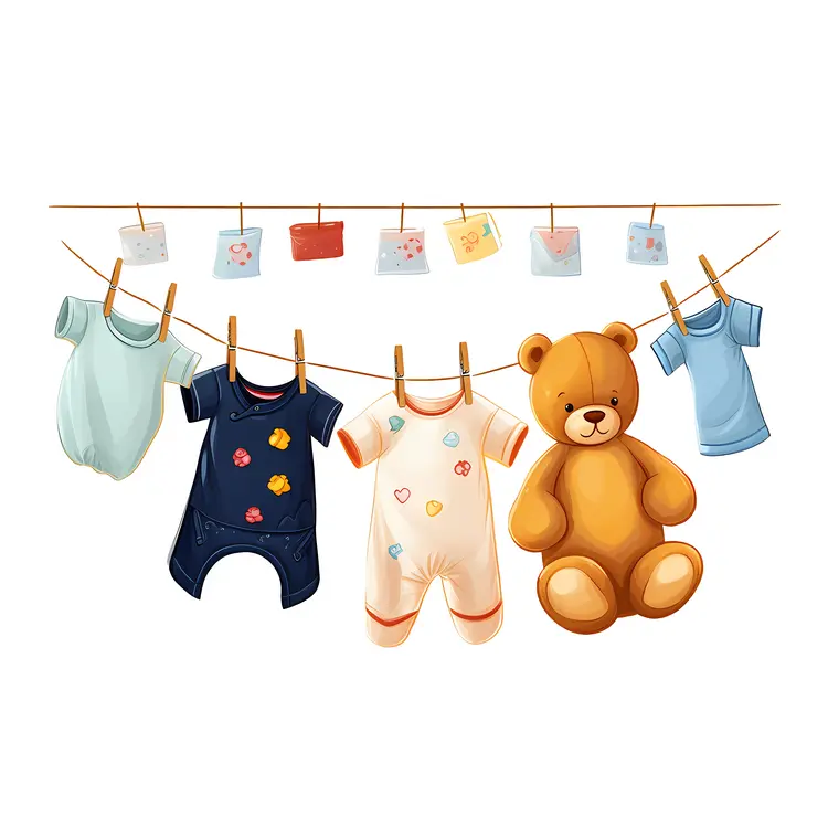 Cute Teddy Bear with Baby Clothes on Clothesline