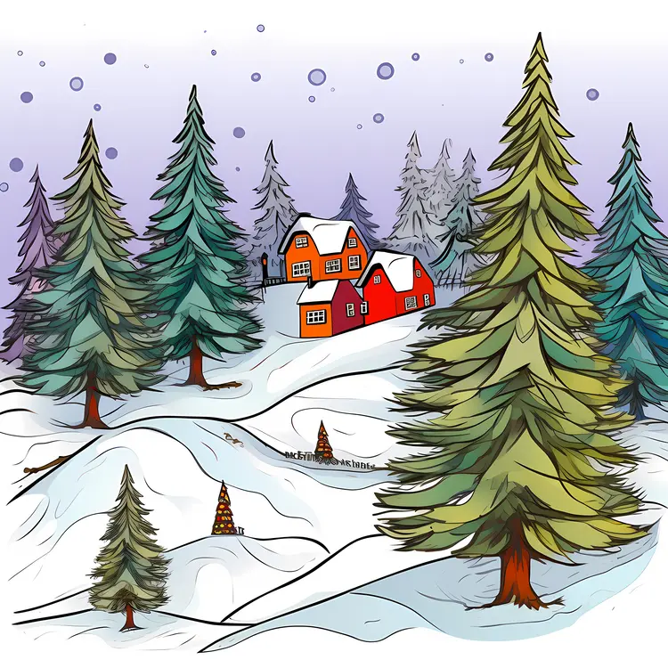 Snowy Forest with Red Cabin