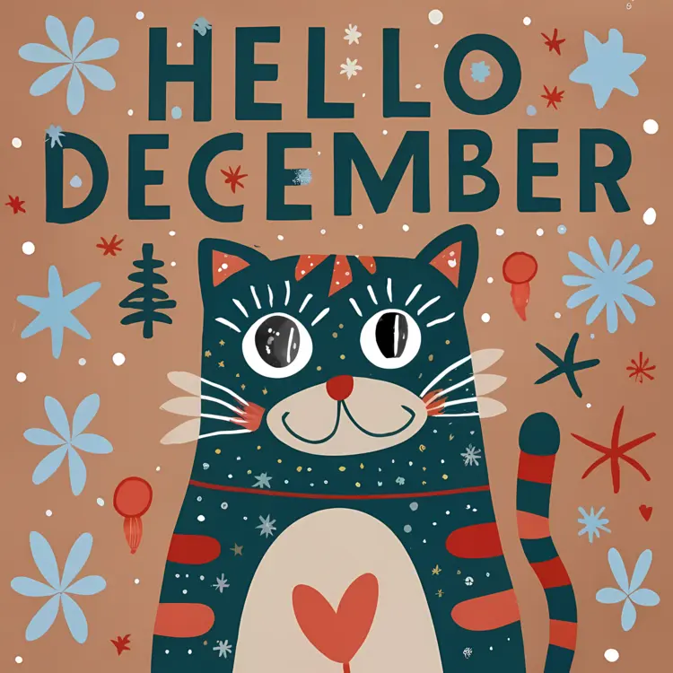 Hello December Text with Cat and Stars