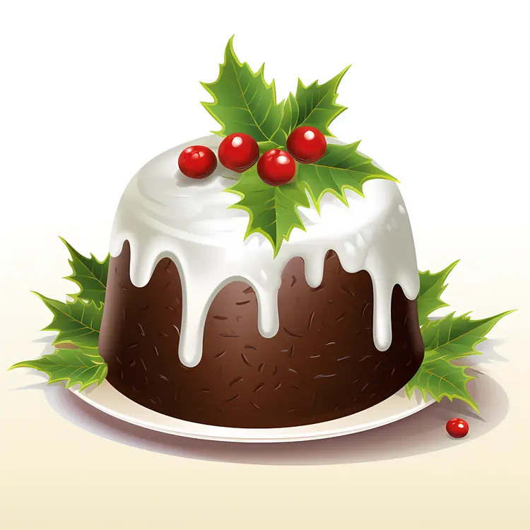 Christmas Pudding with White Icing and Holly Decoration