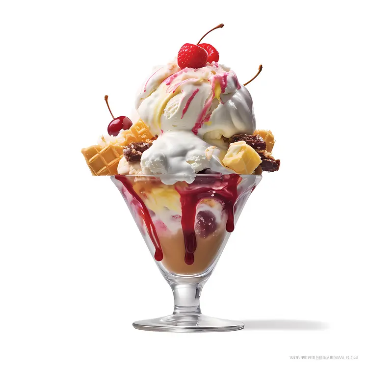 Delicious Ice Cream Sundae with Cherries and Waffles