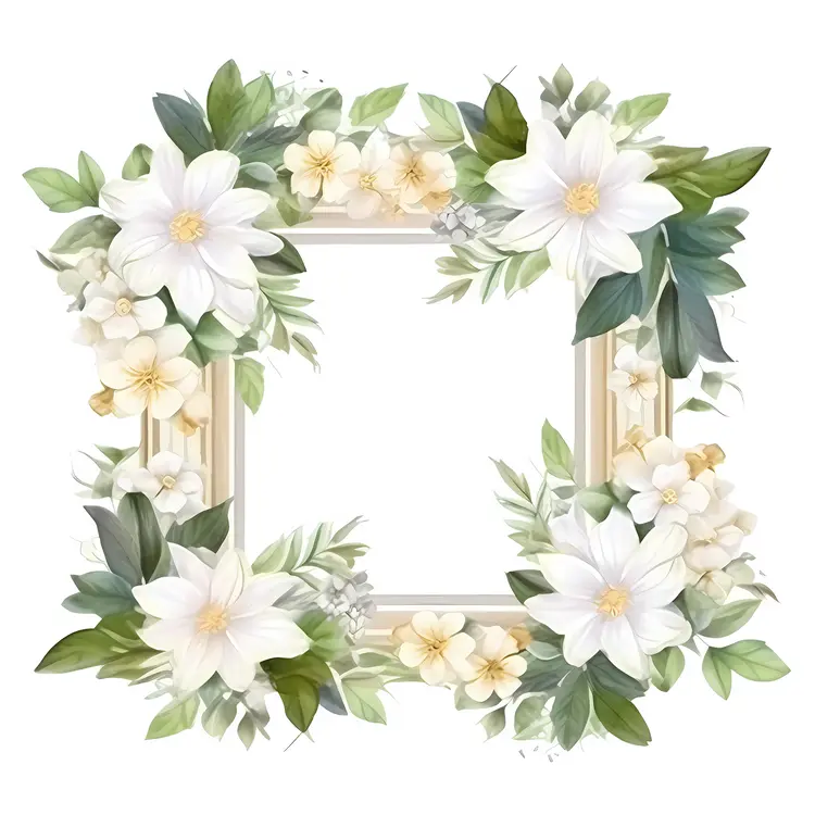 Beautiful Floral Frame with White Flowers and Green Leaves