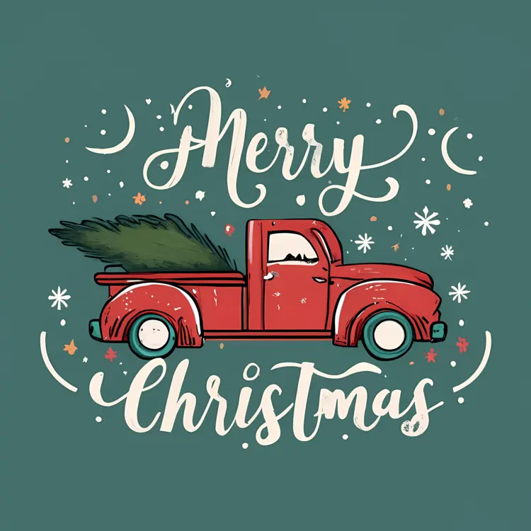 Red Truck with Christmas Tree and Merry Christmas
