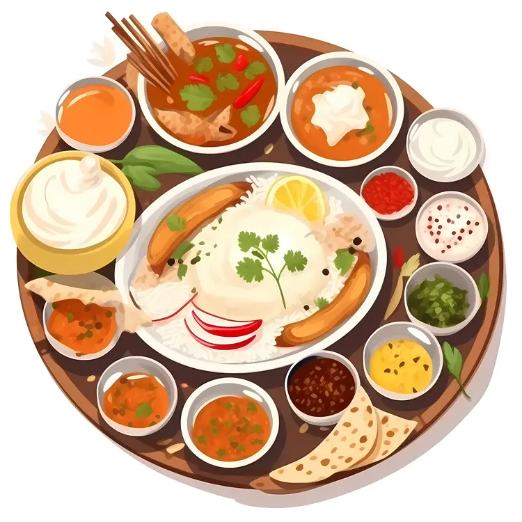 Rich Indian Thali with Various Curries and Sides